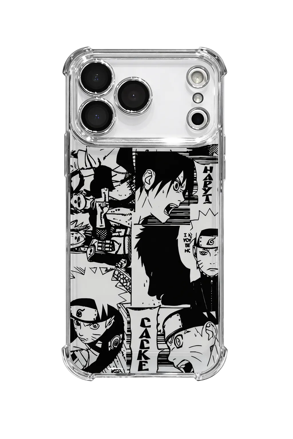 Phone case with black and white anime character design on a white