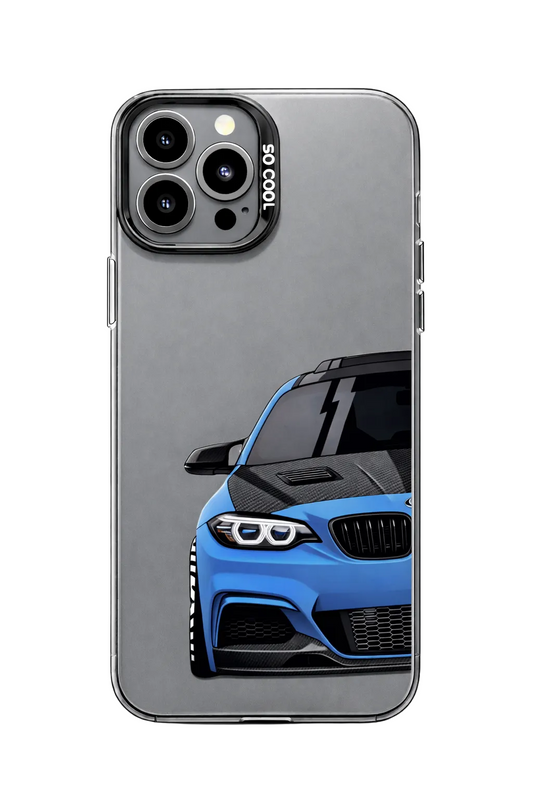 Phone case with a blue car design on a gray background panthercase , husa iphone bmw, huse iphone auto Apple, huse Apple Panthercase