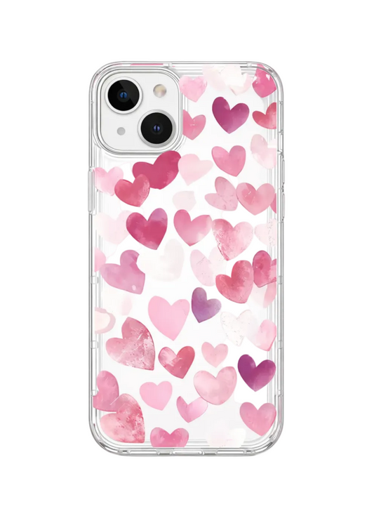 iPhone case with pink heart pattern on a white background